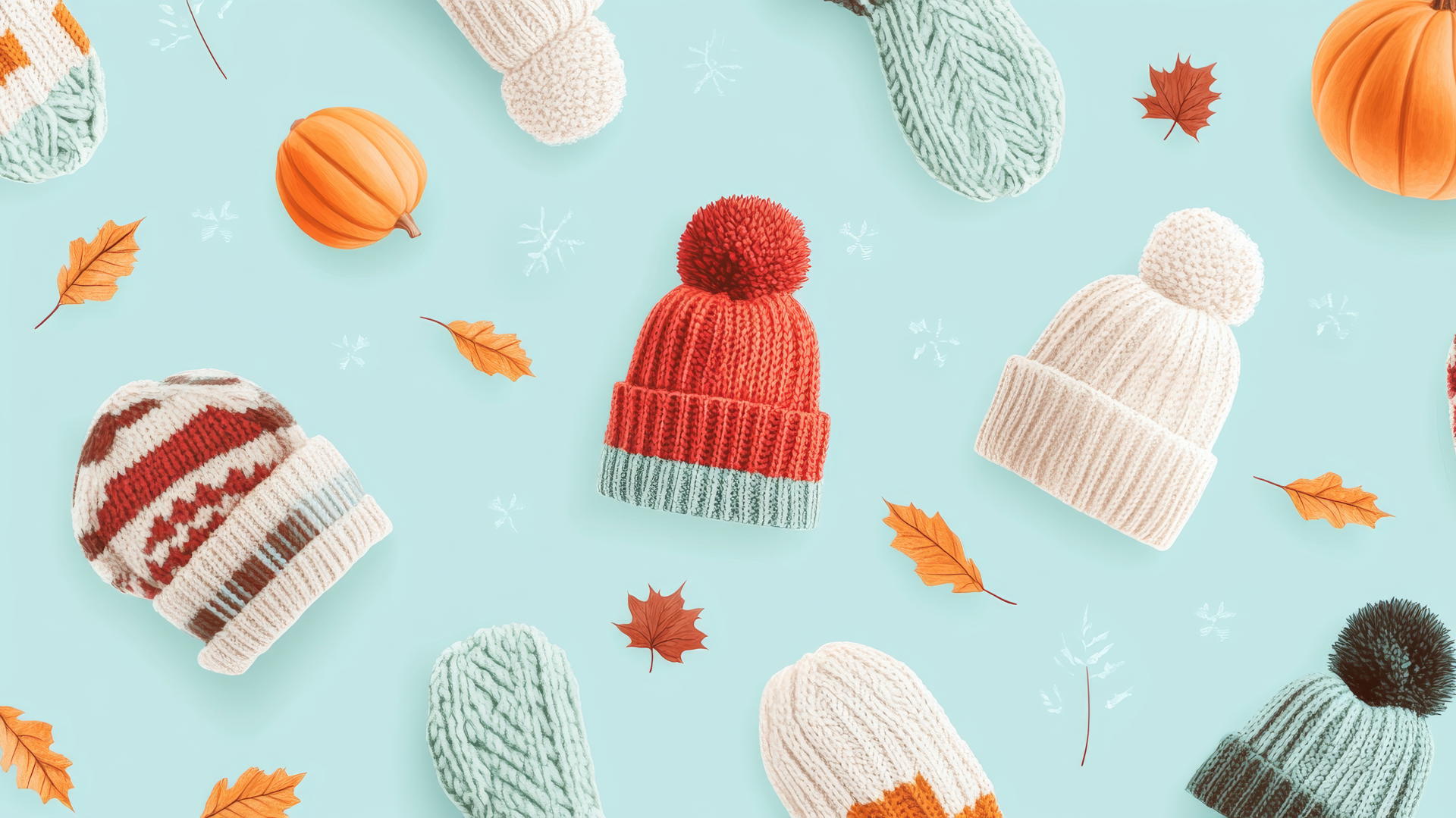 Preppy fall wallpaper featuring knit hats, mittens, and scarves on pastel teal