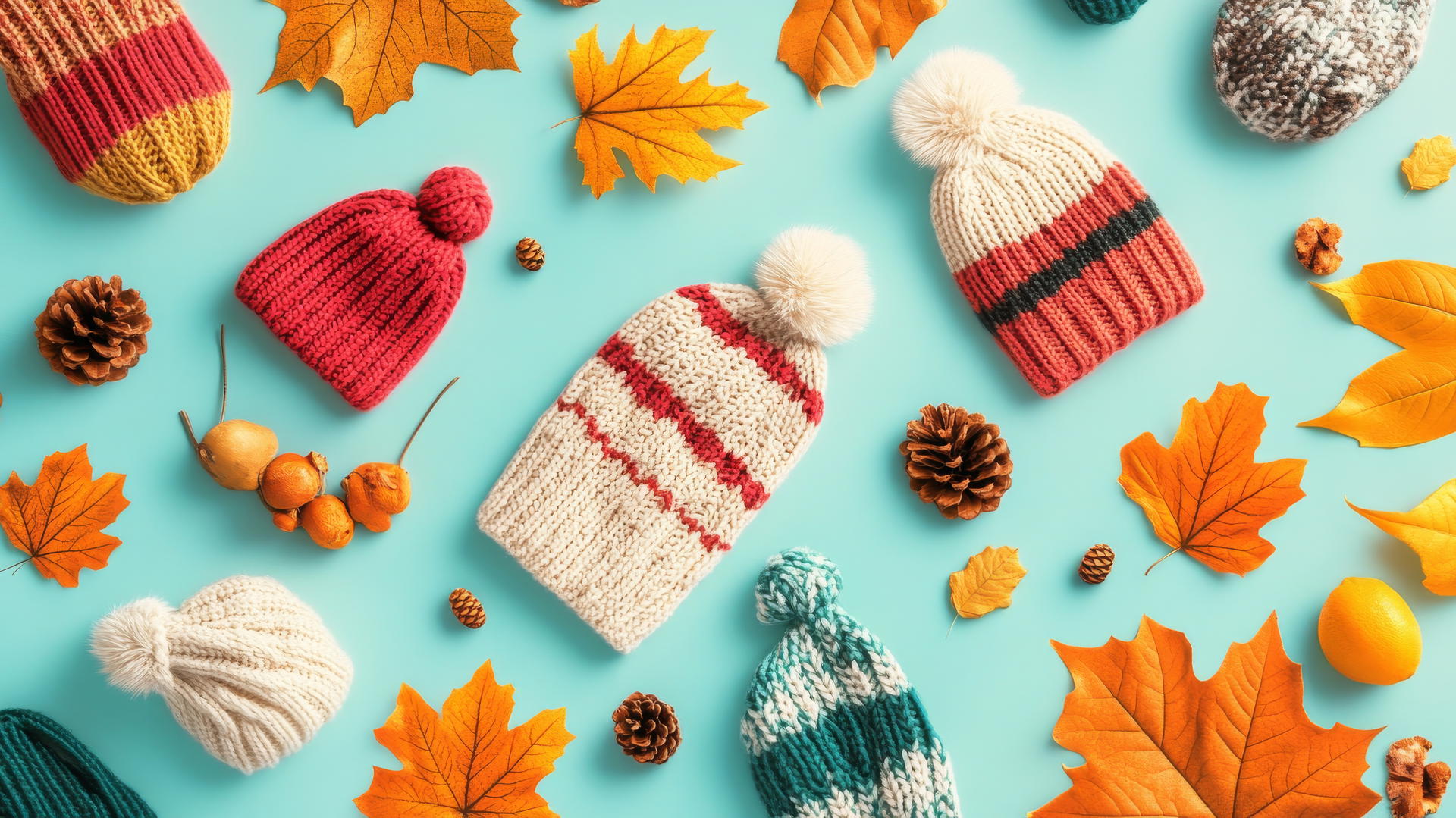 preppy fall wallpaper with cozy items like hats, mittens, and scarves on teal background