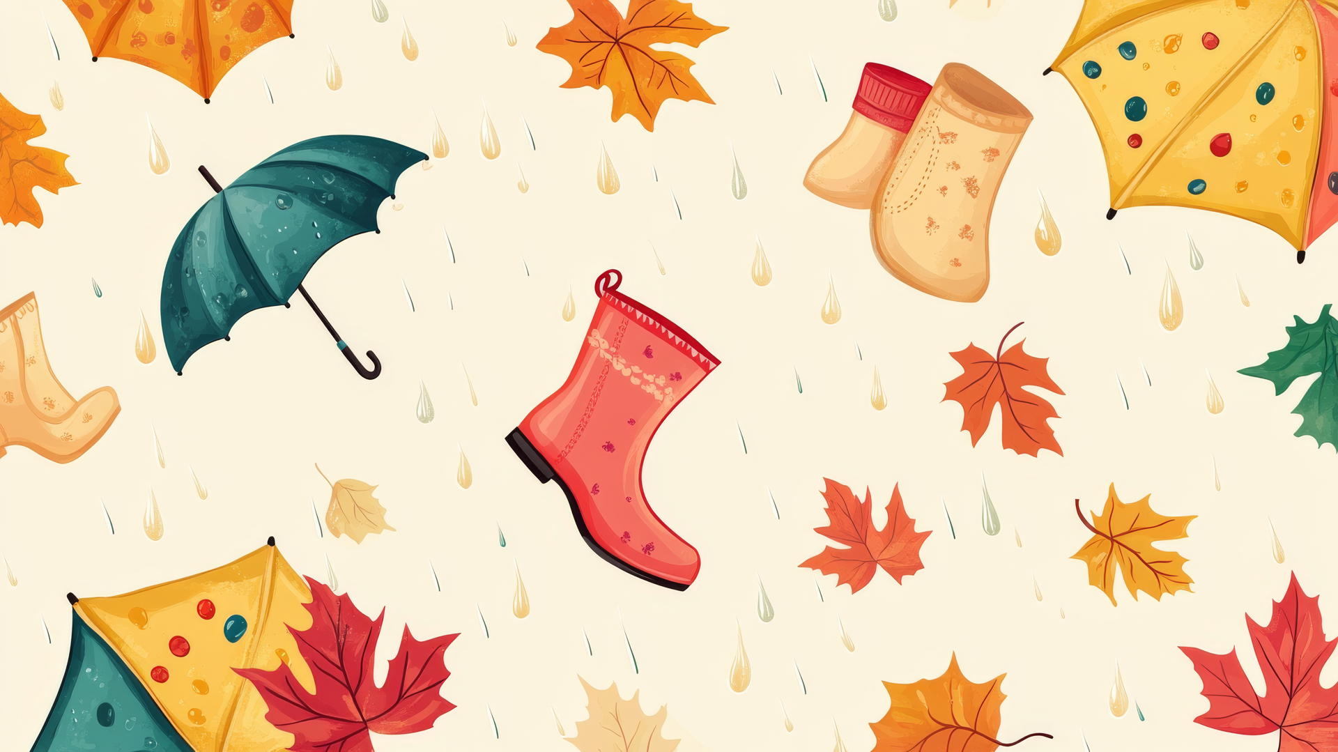 Preppy fall wallpaper with cute rain boots, umbrellas, and falling leaves