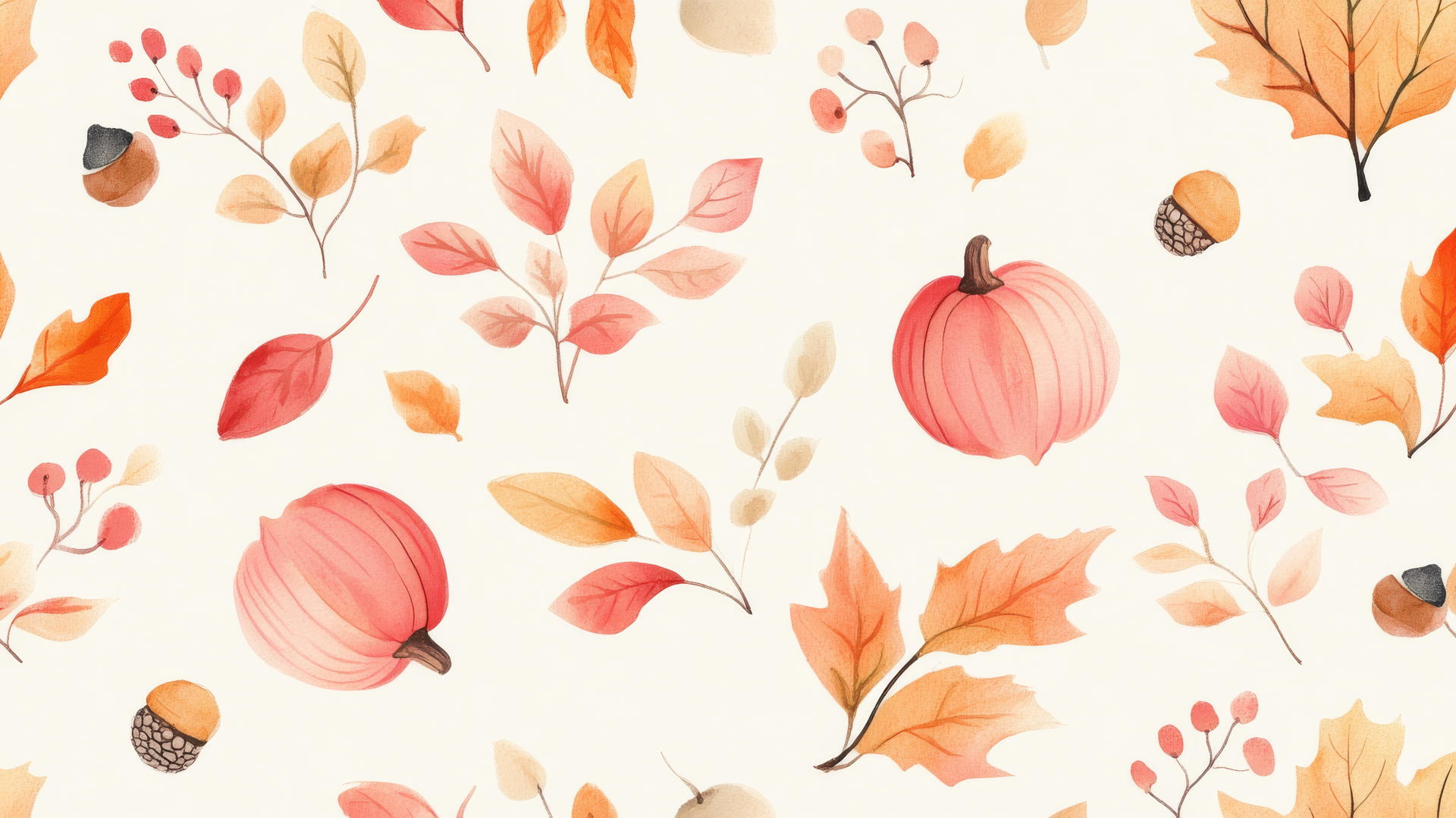 preppy fall wallpaper with hand-drawn pastel pink and orange foliage, small pumpkins, and acorns on a cream background