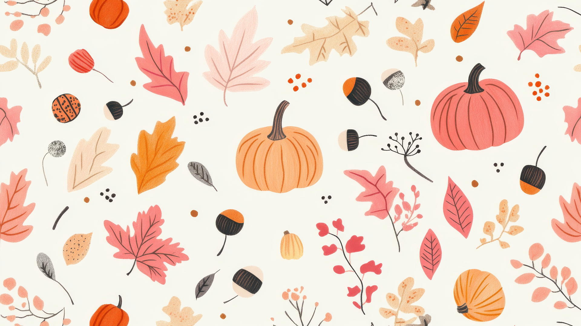 preppy fall wallpaper with hand-drawn foliage, pumpkins, and acorns in pastel pink and orange