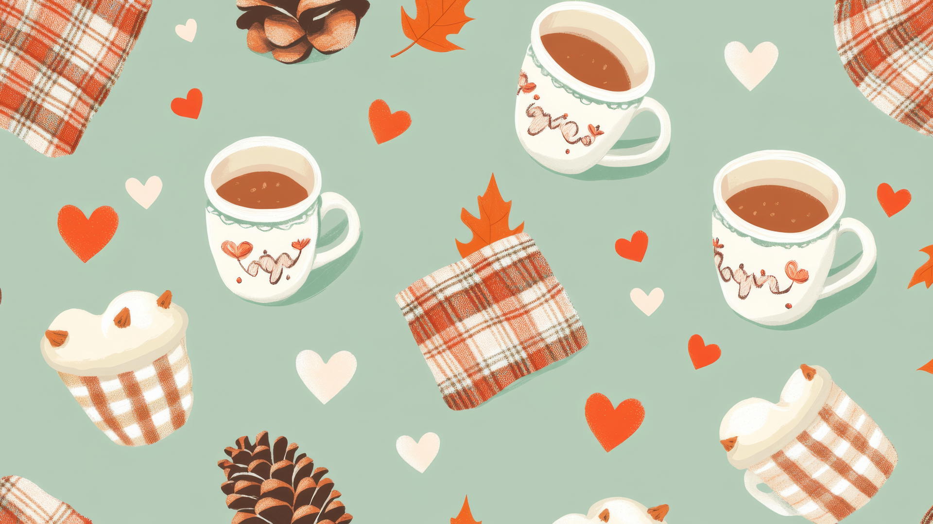 preppy fall wallpaper with pinecones, plaid blankets, cocoa mugs, hearts on pastel green