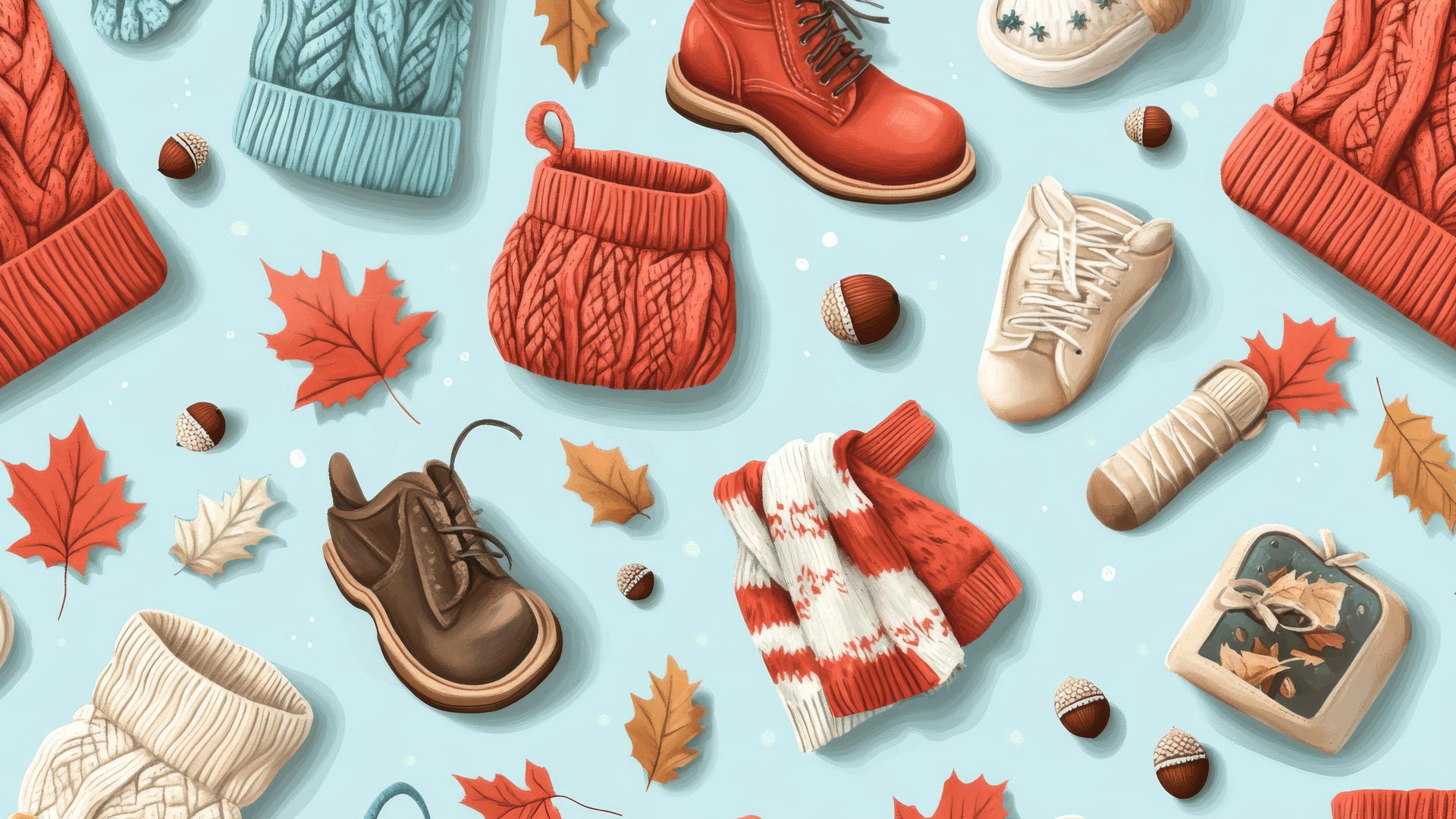 preppy fall wallpaper with cozy sweaters, scarves, boots, acorns, and leaves on light blue