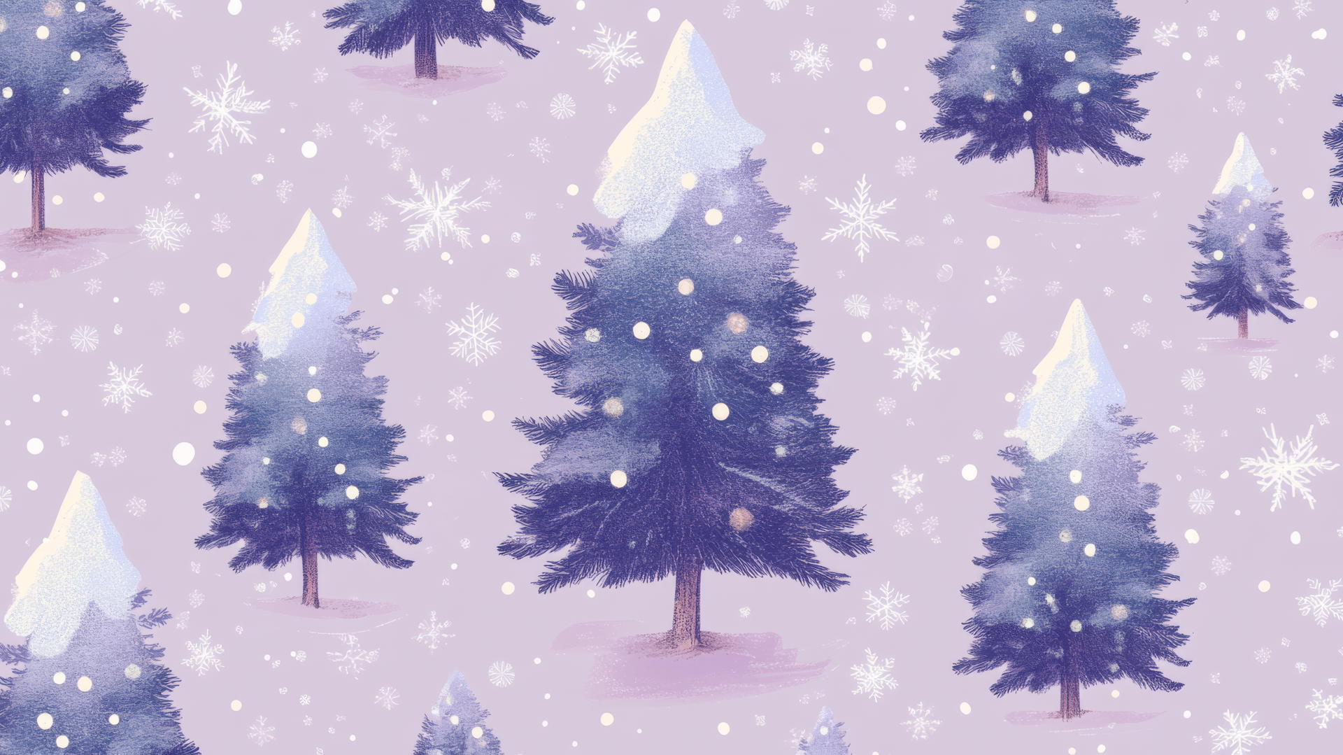 Preppy winter wallpaper with snow-capped evergreen trees and twinkling stars on lilac background