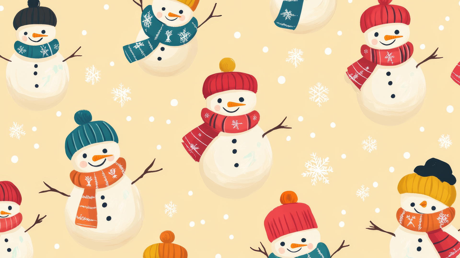 preppy winter wallpaper with colorful scarves on snowmen with pale yellow background