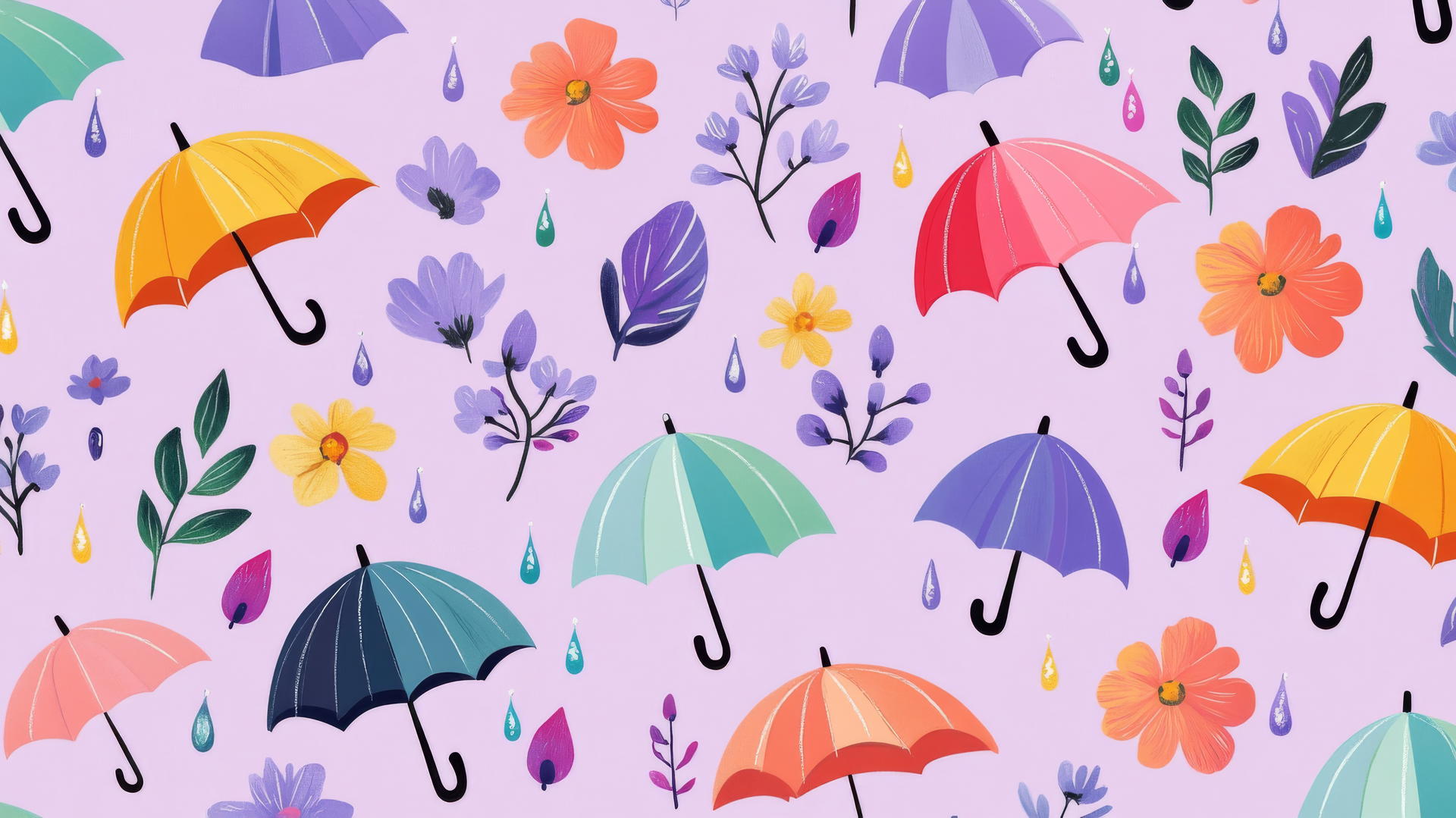 Playful pattern of colorful umbrellas, raindrops, and blooming flowers on lavender background, preppy spring wallpaper