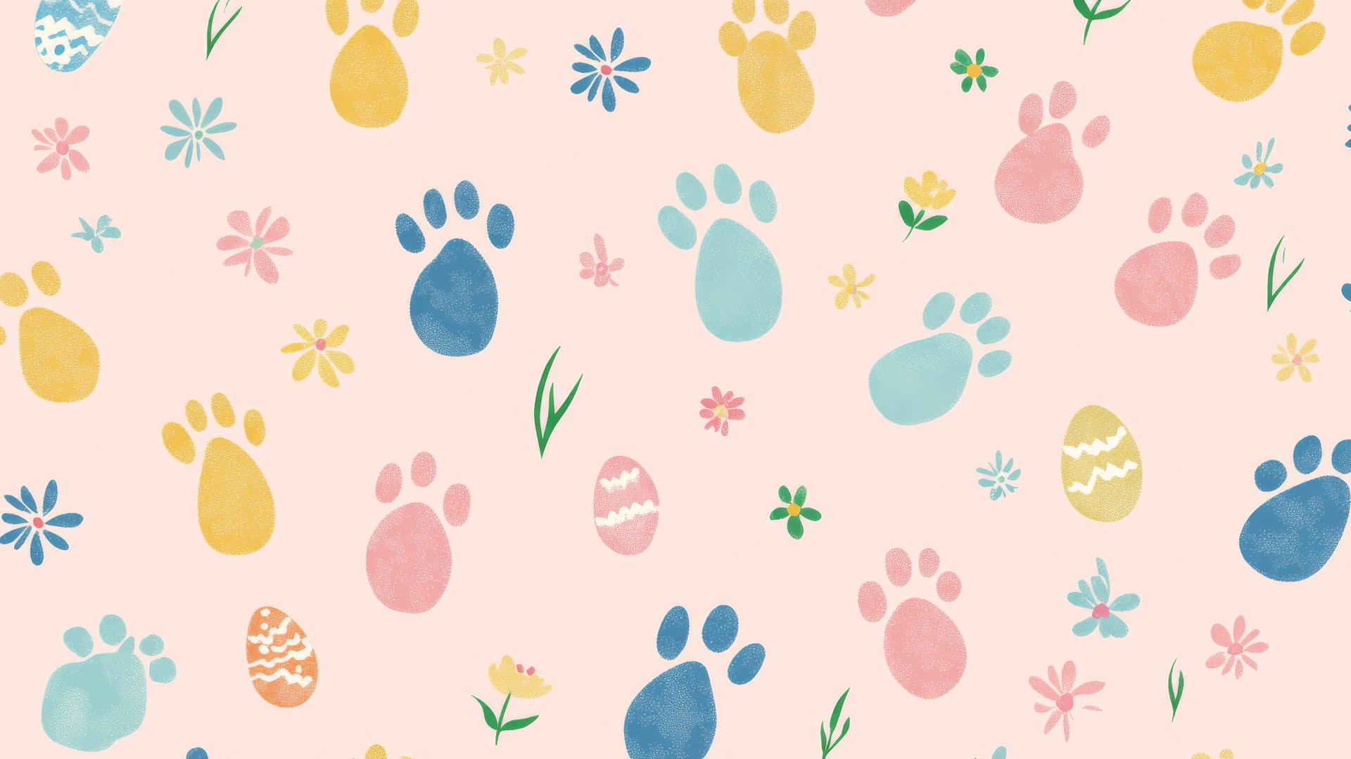 preppy easter wallpaper with pastel-colored bunny footprints, flowers, and Easter eggs on light pink