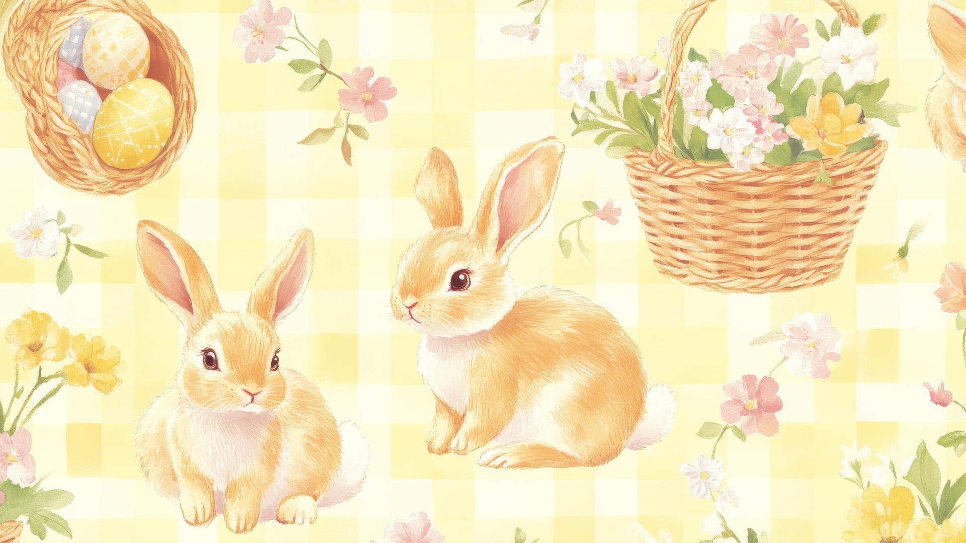 Preppy easter wallpaper with bunnies in gingham print, small baskets, and flowers on yellow