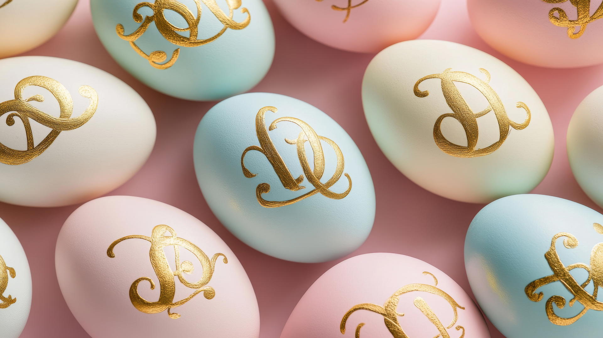 Preppy Easter wallpaper with monogrammed eggs, gold initials, and floral motifs.