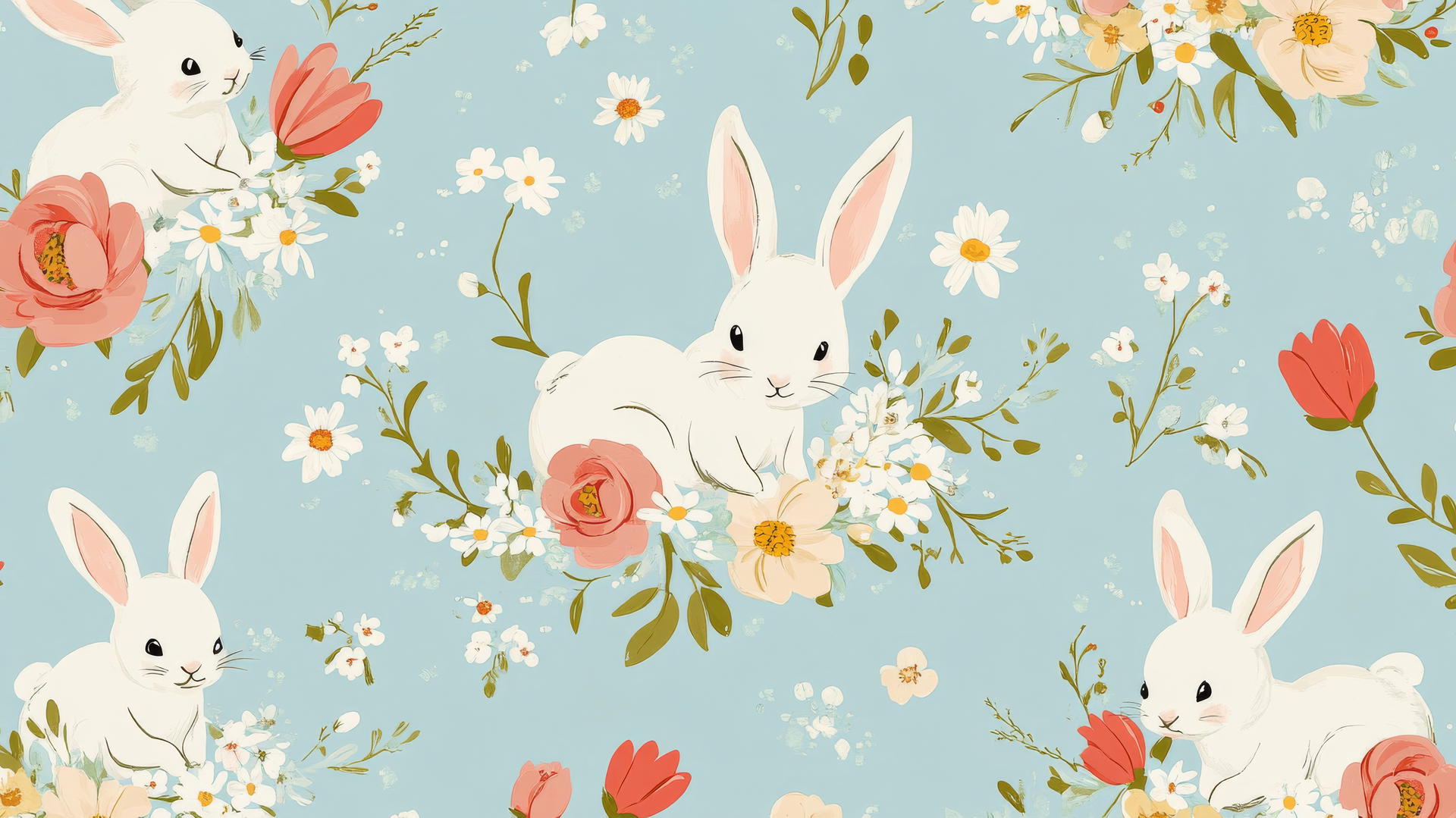 preppy easter wallpaper with bunnies holding garlands of daisies, tulips, and peonies on a pastel blue background