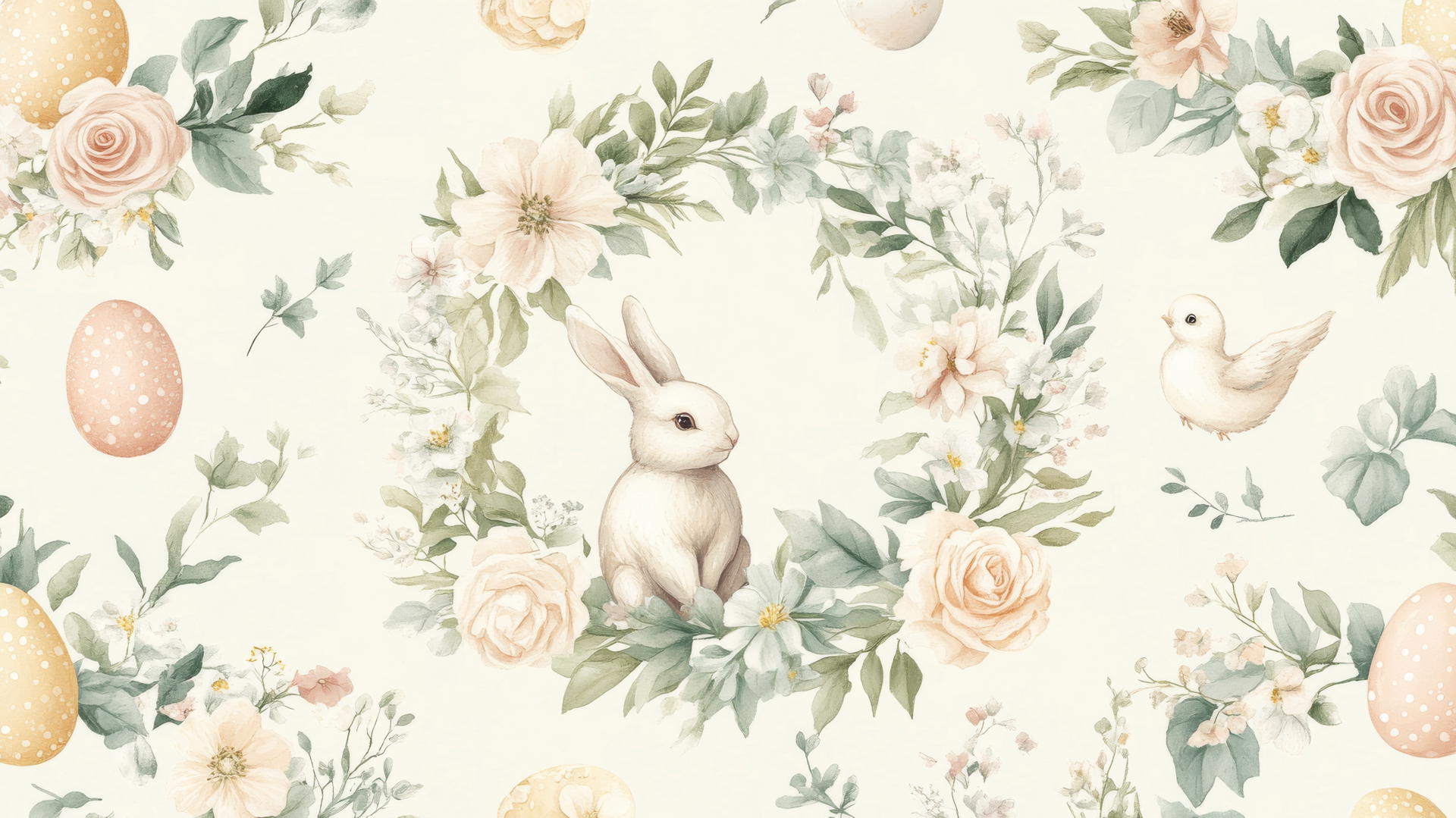 preppy Easter wallpaper with floral wreaths, eggs, bunnies, and chicks in pastel tones
