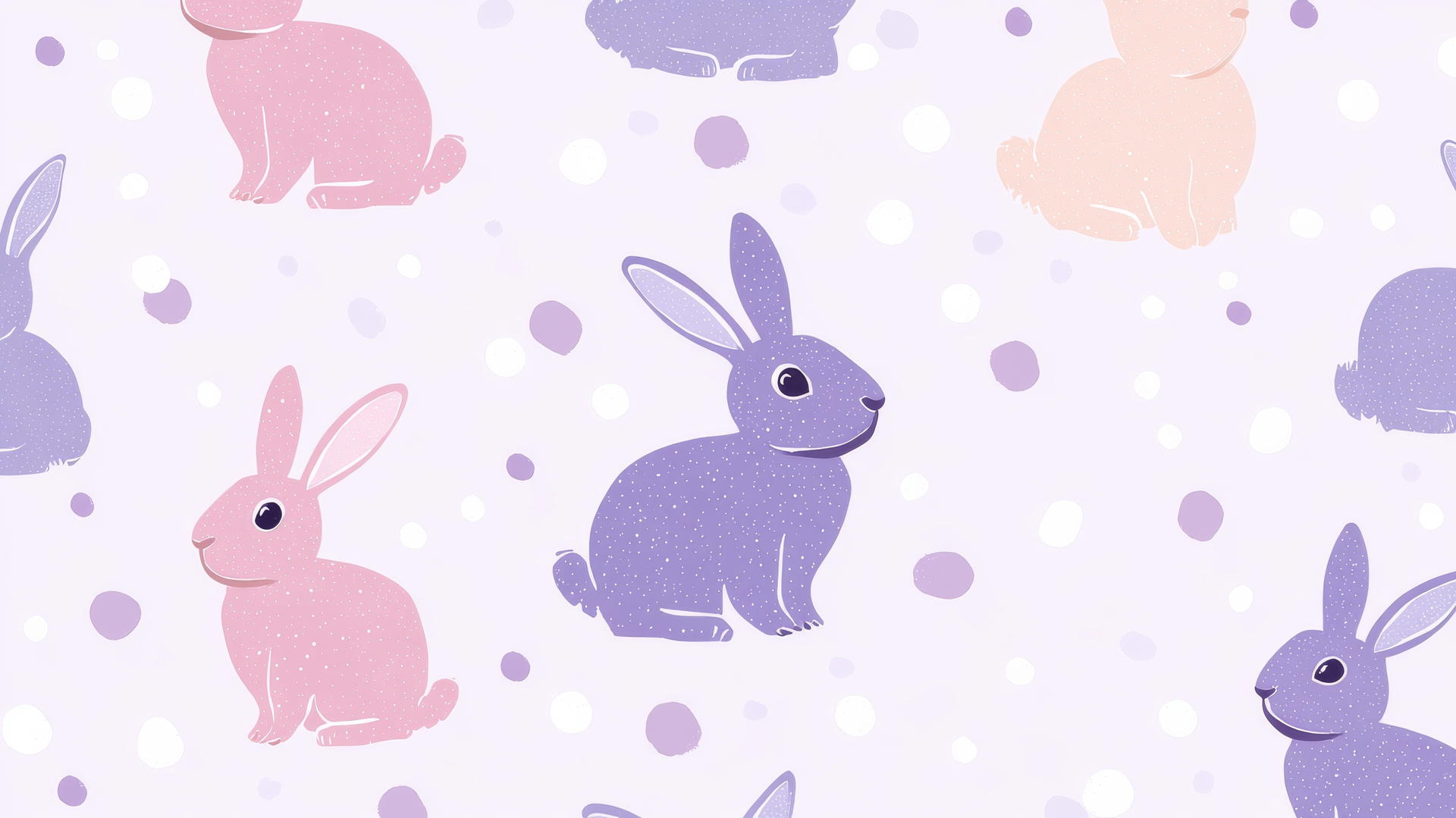 preppy Easter wallpaper with minimalist bunny silhouettes in pastel colors, polka dots, and soft lavender background