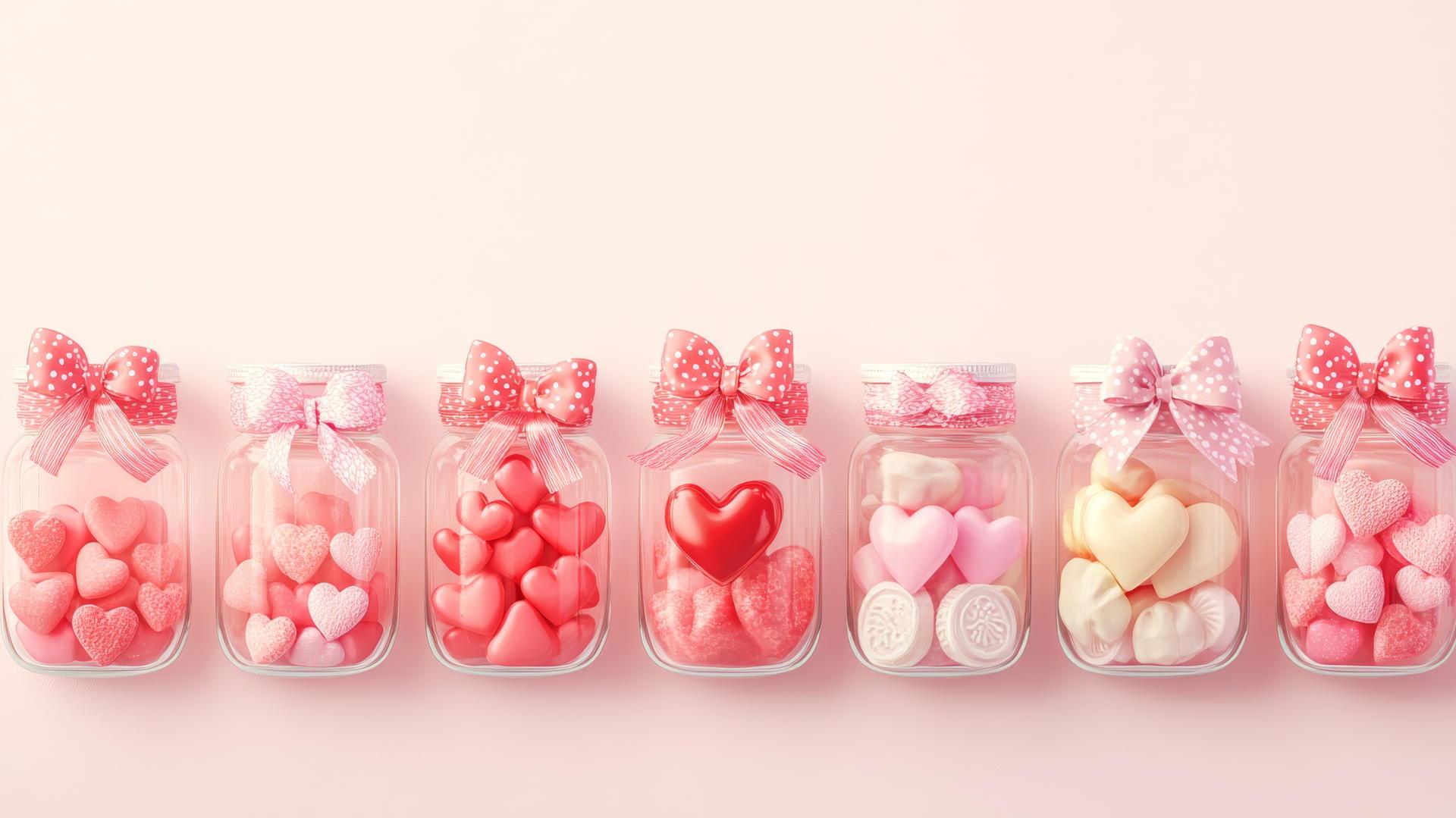 preppy valentines wallpaper with jars of heart-shaped candies on pastel cream background