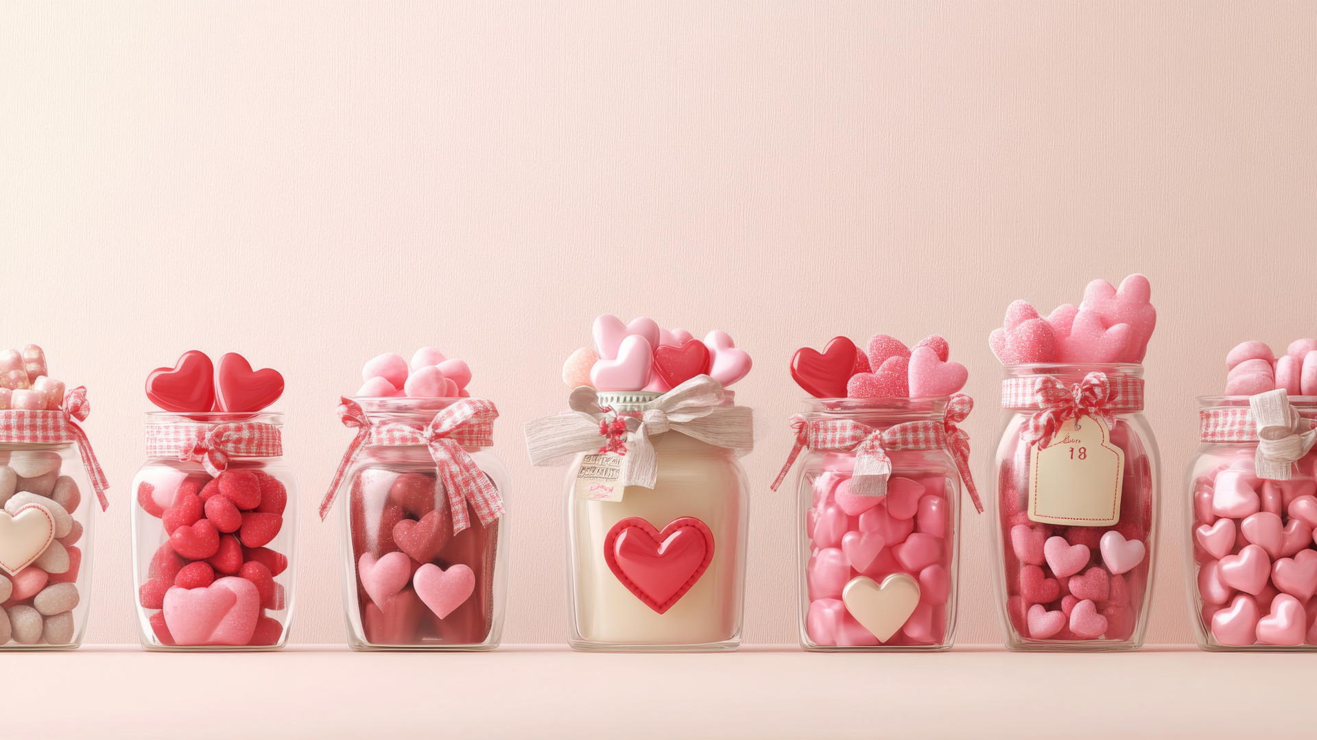 preppy valentines wallpaper with jars of heart-shaped candies on pastel cream background