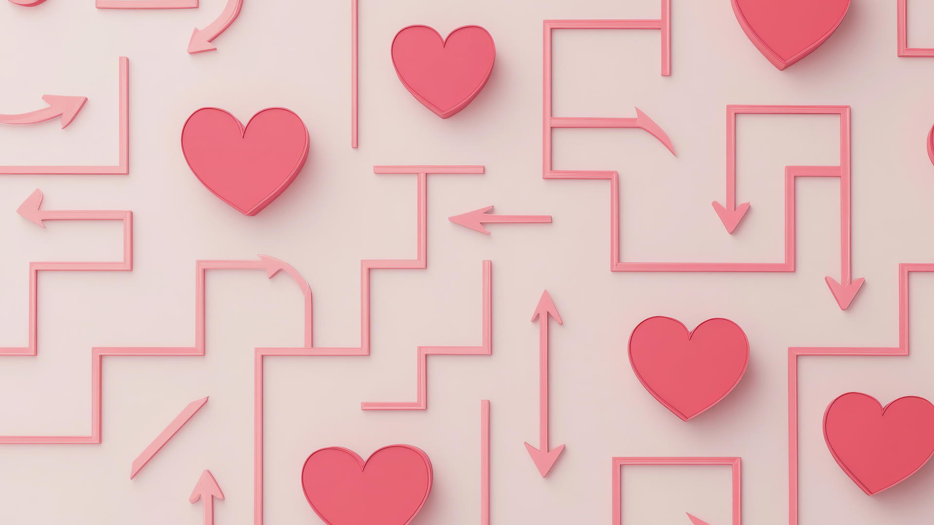 preppy valentines wallpaper with heart maze and arrows on light pink background