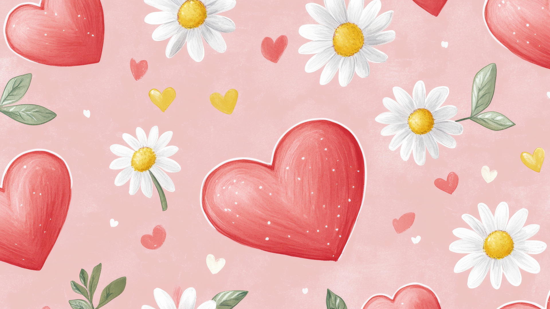 preppy valentines wallpaper with pink and white hearts, white daisies, green leaves, and yellow accents on a pastel pink background