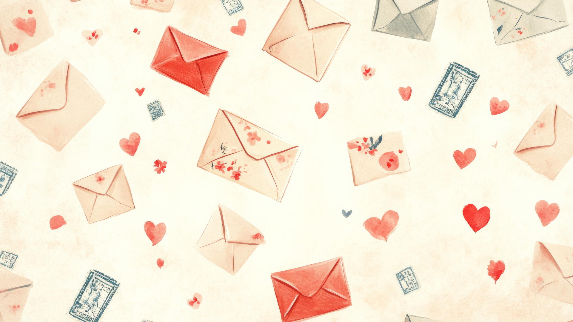 preppy valentines wallpaper with hand-drawn envelopes, love letters, hearts, and floral stamps on cream background