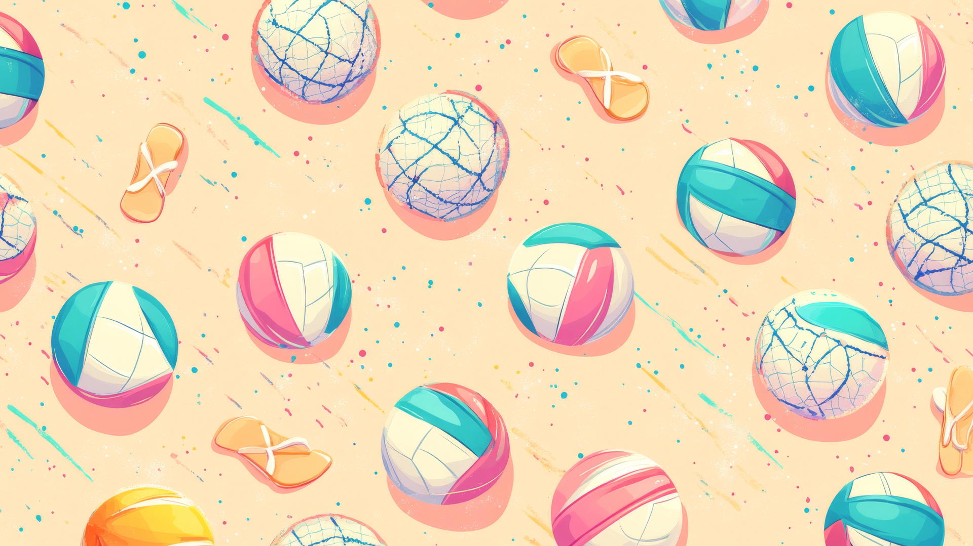 preppy beach wallpaper with colorful beach volleyballs, nets, and flip-flops on peach background