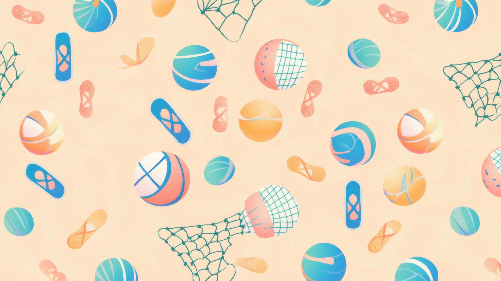 preppy beach wallpaper with colorful beach volleyballs, nets, and flip-flops on a light peach background