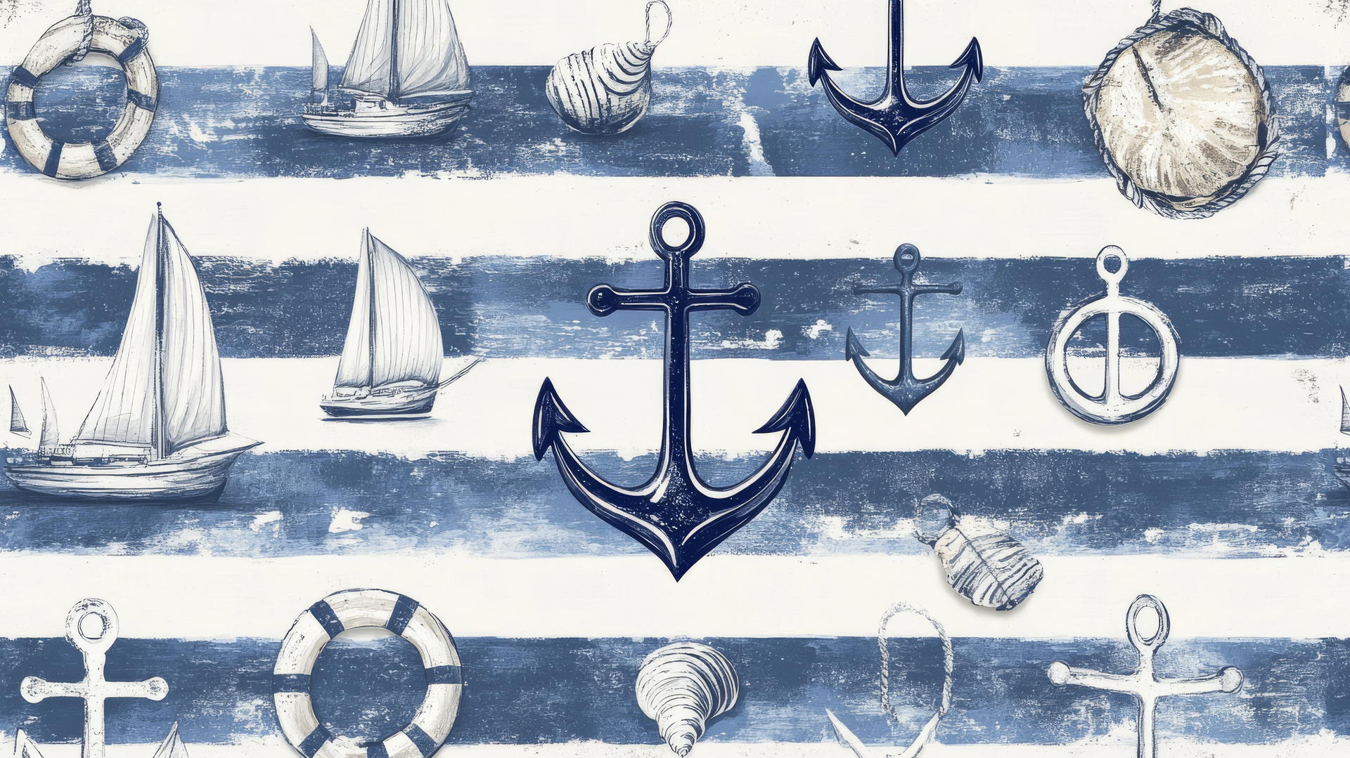preppy beach wallpaper with navy blue and white stripes, anchors, sailboats, and lifebuoys