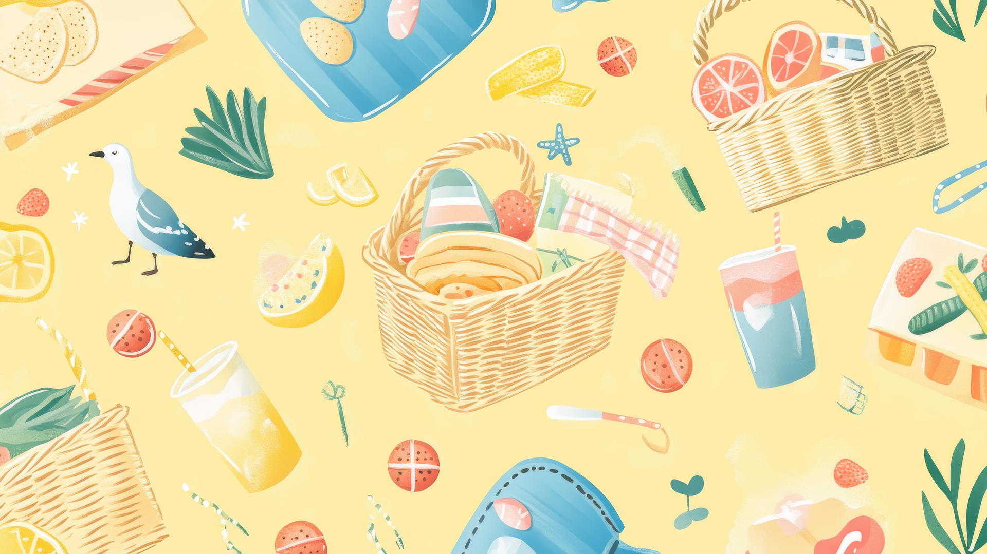 Preppy beach wallpaper with picnic baskets and sun hats