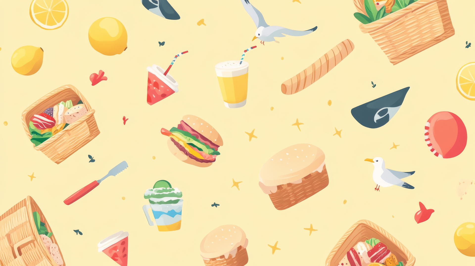 preppy beach wallpaper with seamless pattern of picnic baskets, sandwiches, lemonade, sun hats, seagulls, and waves on a pastel yellow background