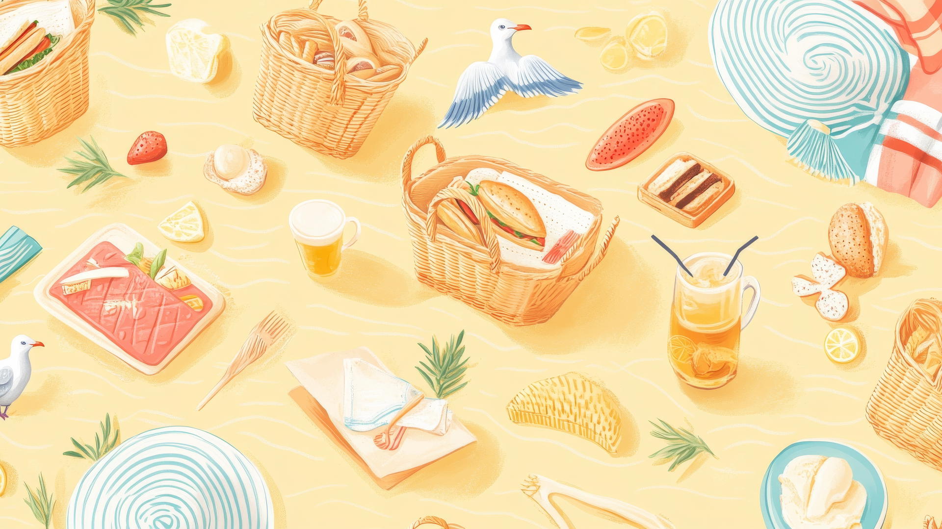 Preppy beach wallpaper with picnic baskets, sandwiches, lemonade, sun hats, seagulls, and waves on a pastel yellow background.