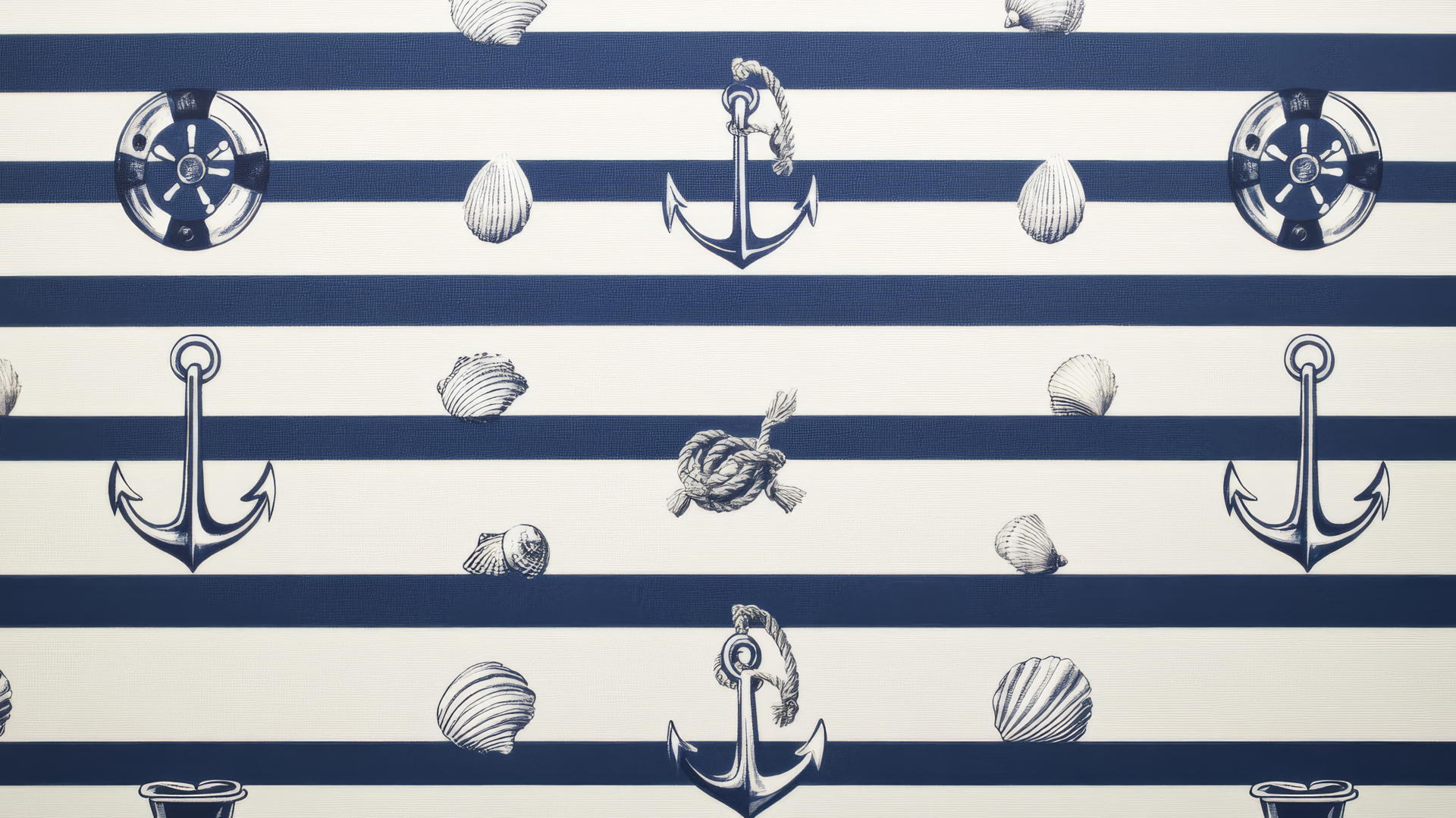 preppy beach wallpaper with navy blue and white stripes, anchors, sailboats, and lifebuoys