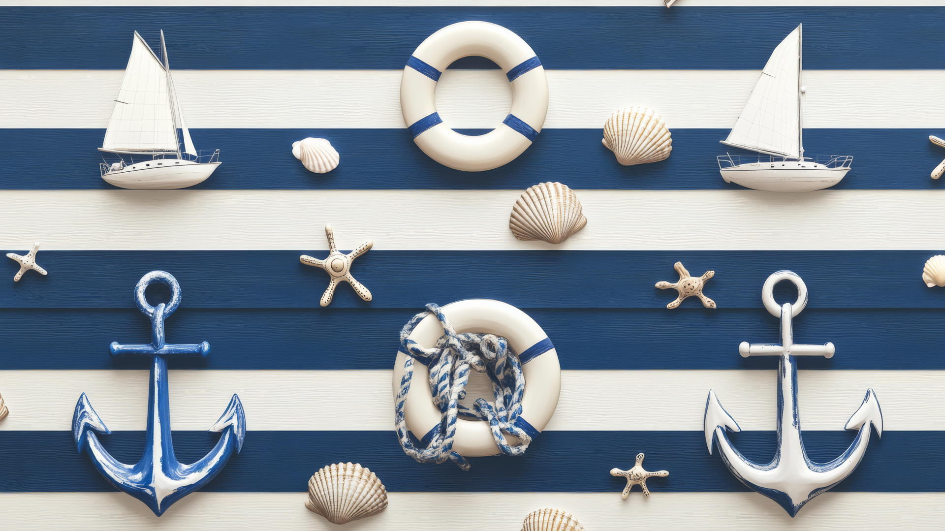 preppy beach wallpaper with navy blue and white stripes, anchors, sailboats, and lifebuoys