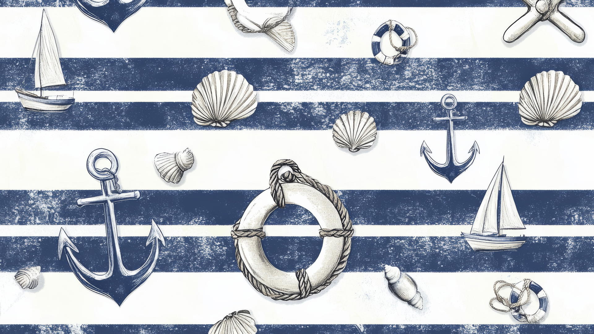 preppy beach wallpaper with navy blue and white stripes, anchors, sailboats, and lifebuoys