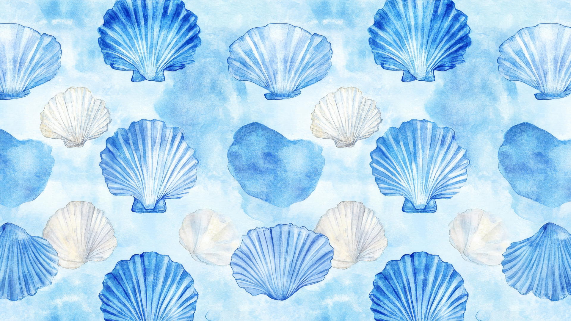 preppy blue wallpaper with watercolor blue seashells in a symmetrical pattern