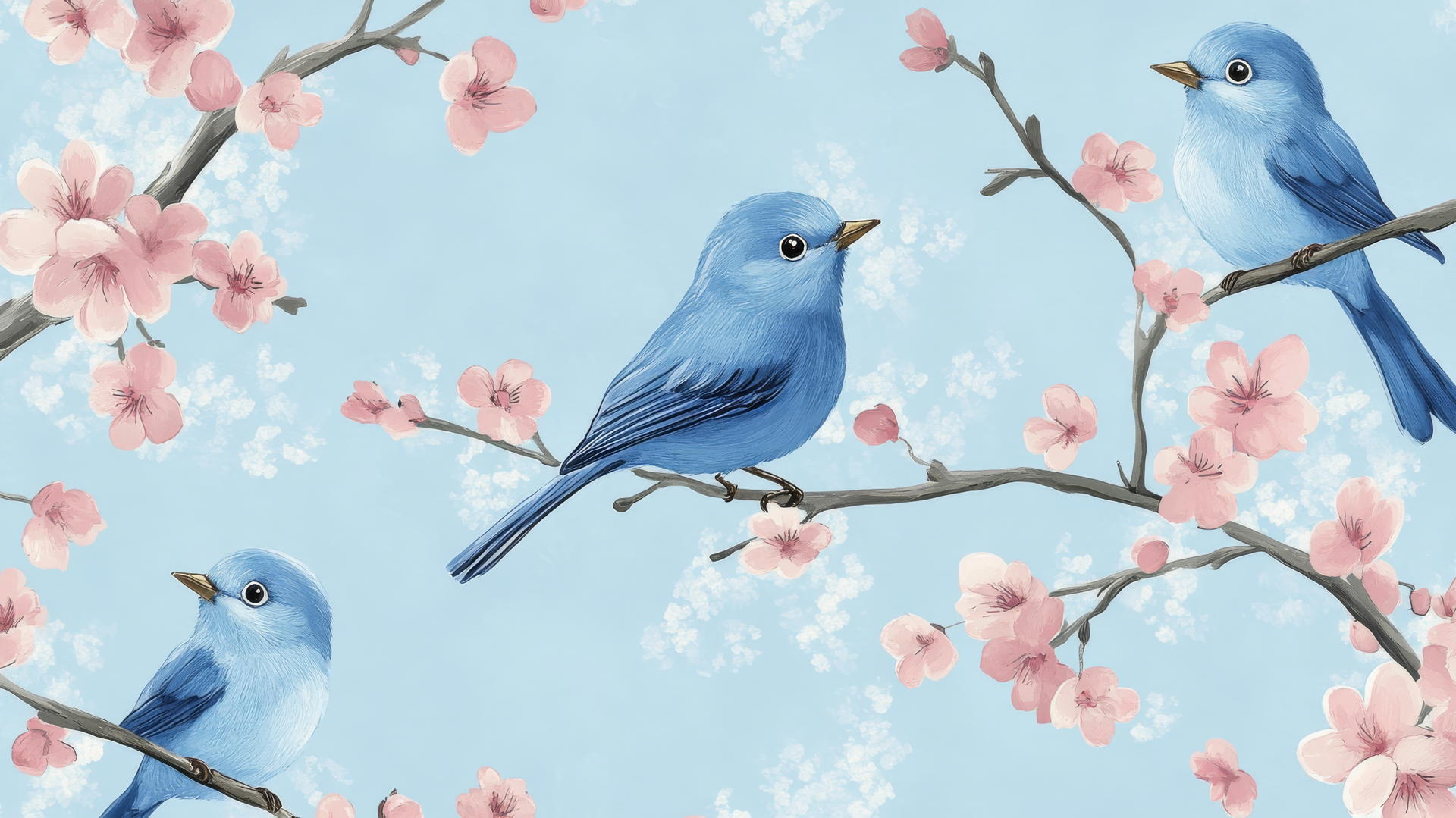 preppy blue wallpaper with cartoon-style bluebirds on branches with pink blossoms