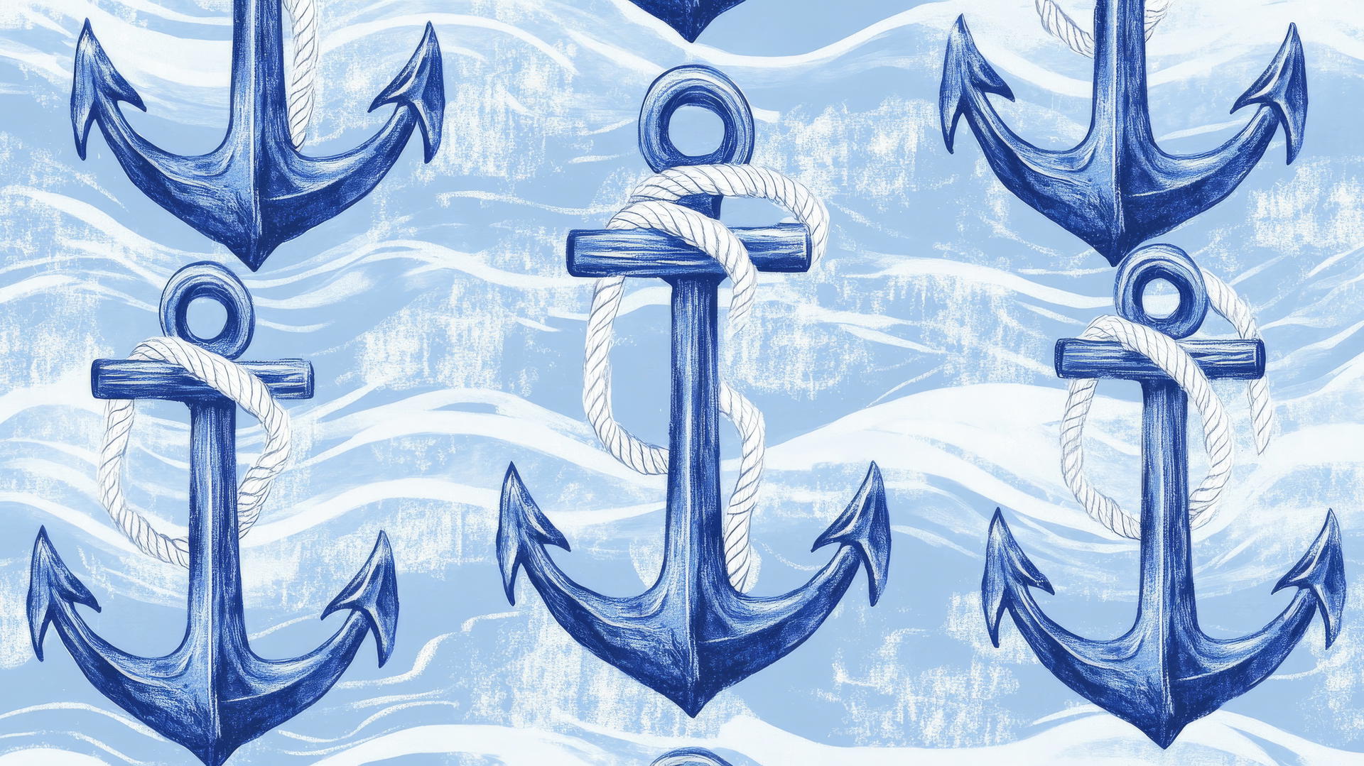 Preppy blue wallpaper with navy anchors and white ropes