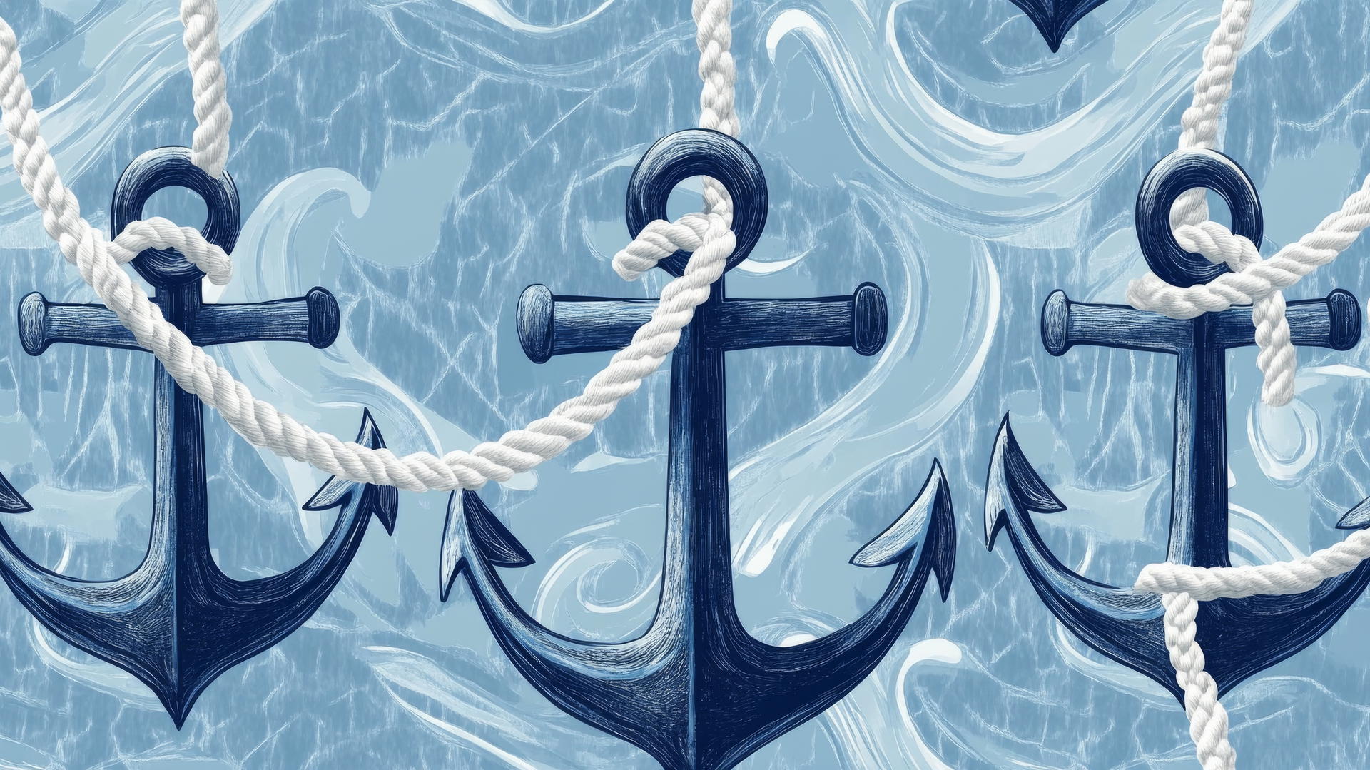 Preppy blue wallpaper with navy blue anchors, white ropes, and subtle wave patterns.