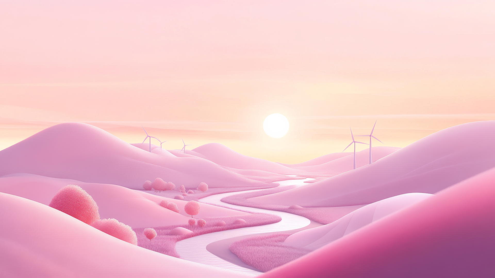Aesthetic cute wallpapers with dreamy pastel landscape, windmills, and setting sun