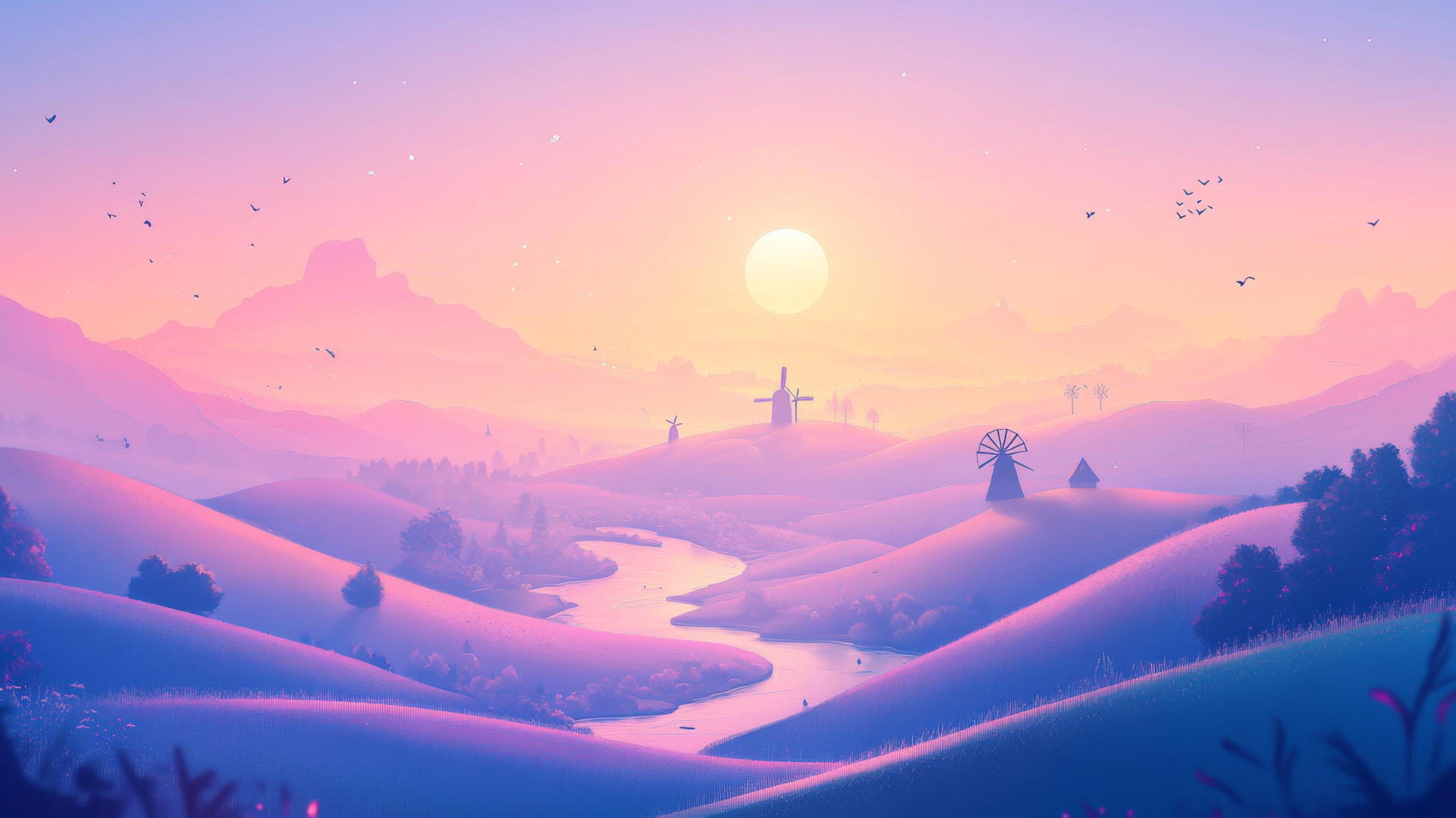 aesthetic cute wallpapers with dreamy pastel landscape, hills, windmills, river, sunset