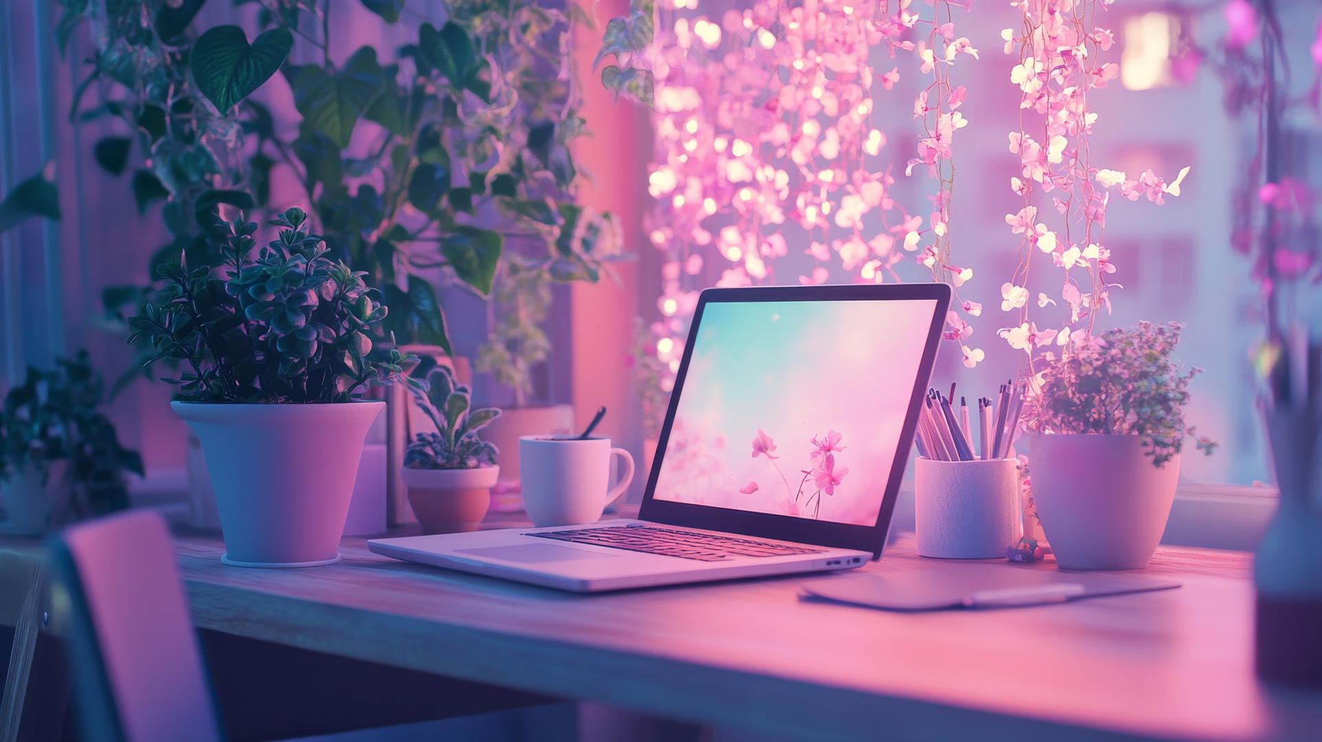 aesthetic cute wallpapers with pastel laptop, potted plants, and coffee on wooden desk