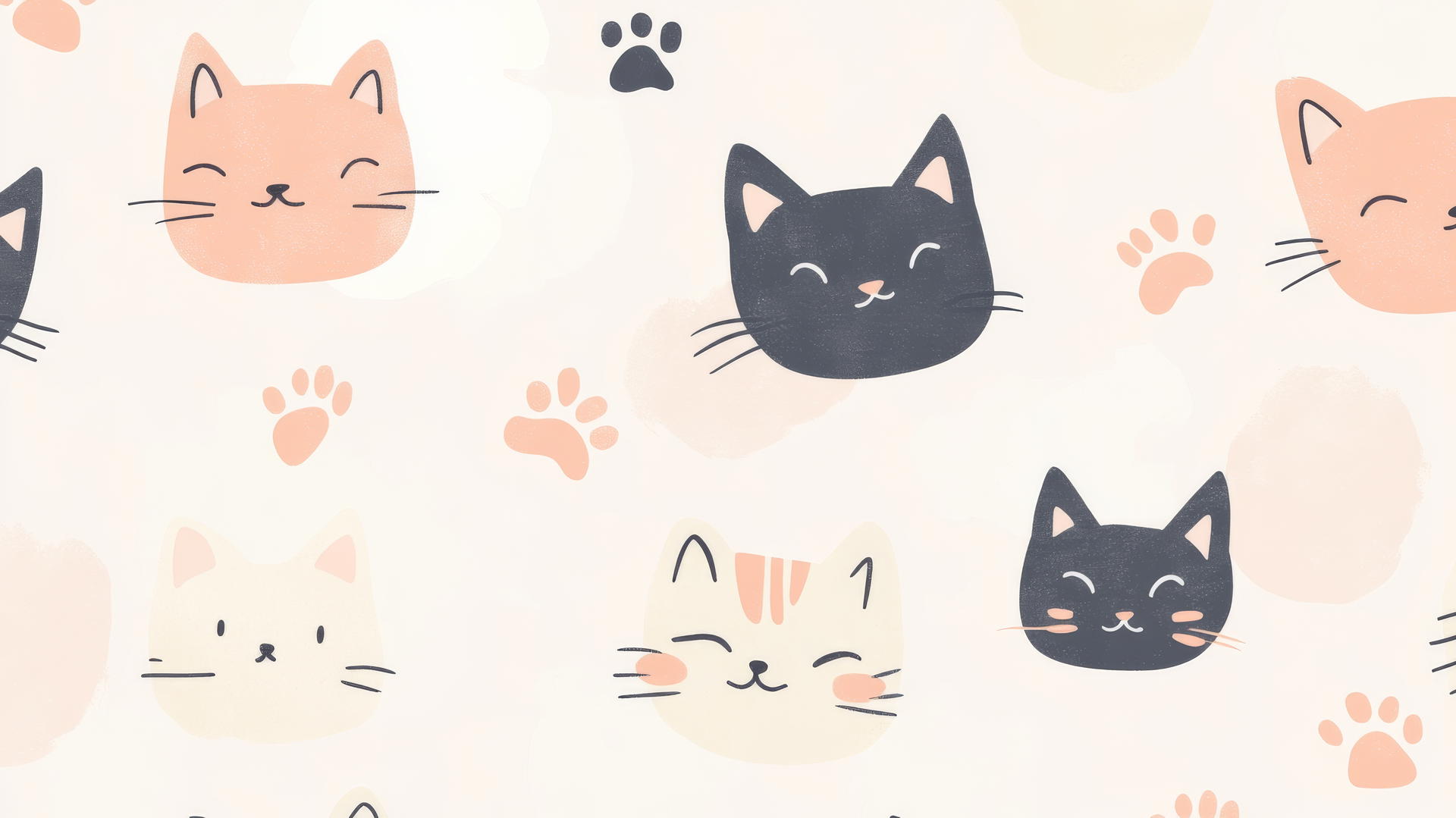 aesthetic cute wallpapers with hand-drawn cat faces and paw prints on pastel background