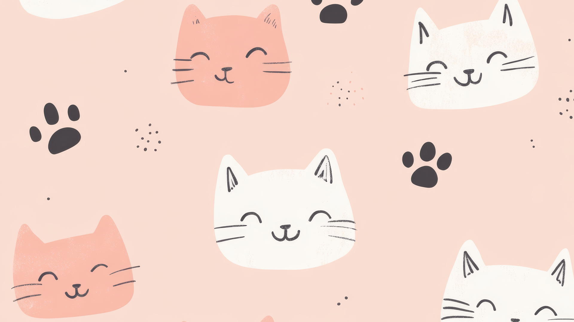 Aesthetic cute wallpapers with hand-drawn cat faces and paw prints on pastel background