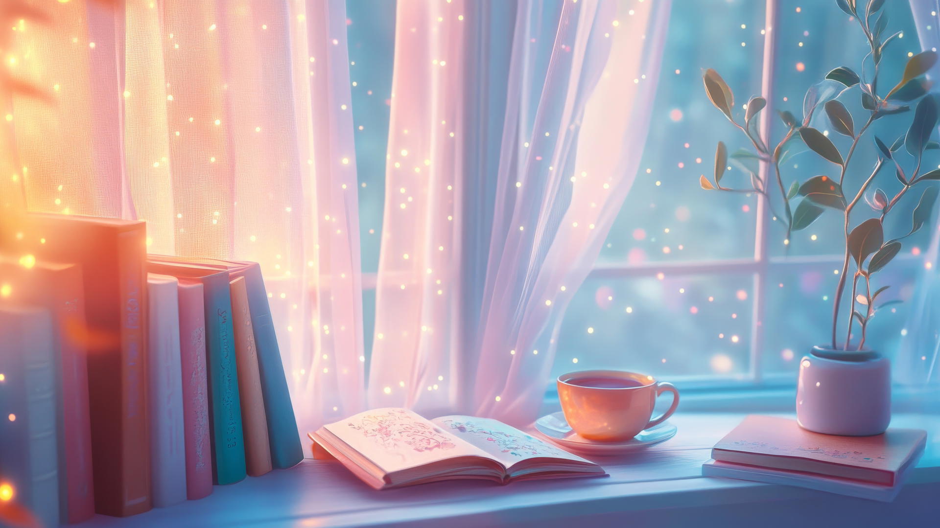 cute wallpapers for girls aesthetic of a cozy study nook with pastel books, notebook, and tea