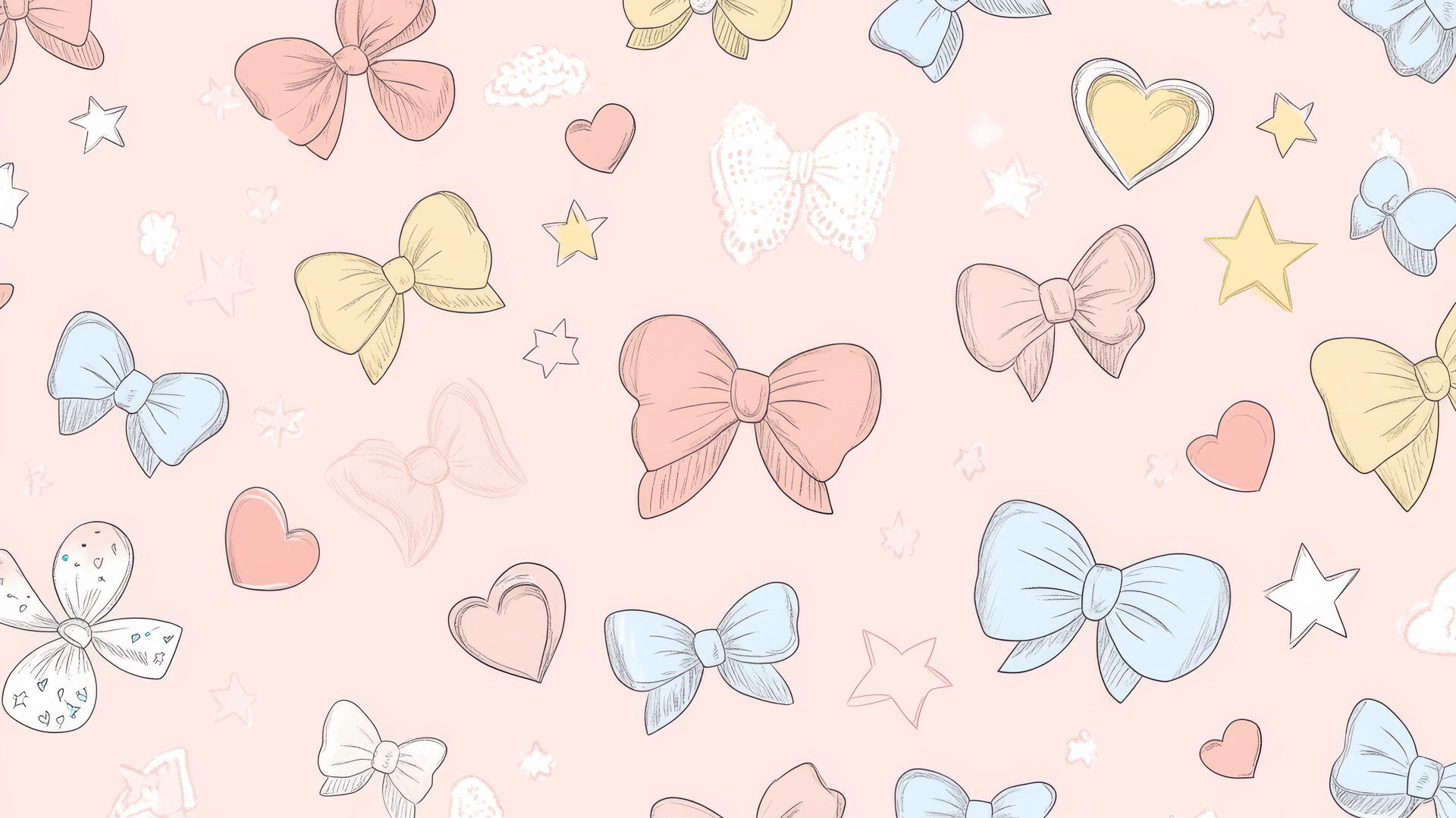 cute wallpapers for girls aesthetic with pastel bows, hearts, stars on pink background