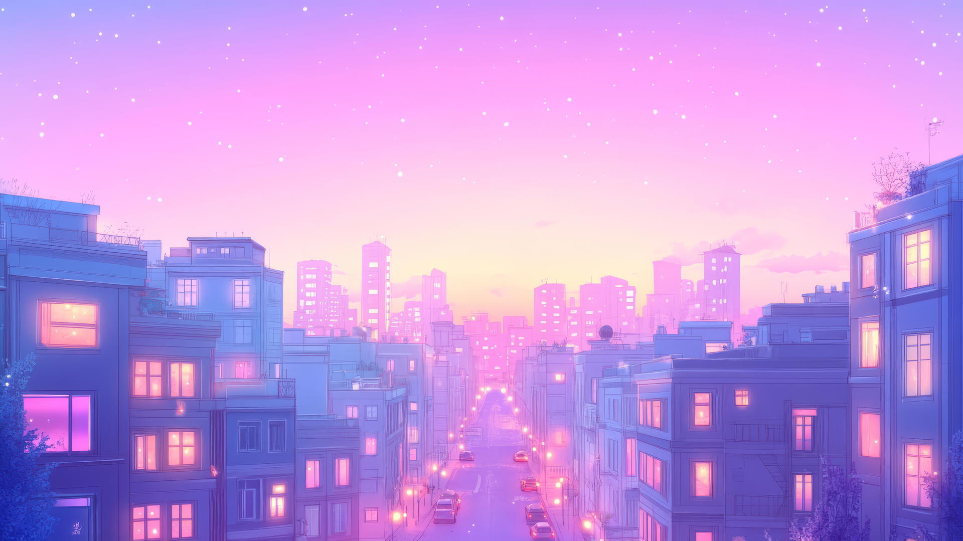 cute wallpapers aesthetic of pastel-colored city skyline at twilight