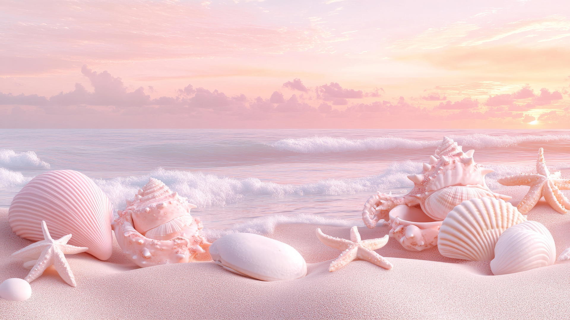 Cute wallpapers aesthetic: pastel beach scene with seashells, starfish, crabs, gentle waves, and pink sunset sky