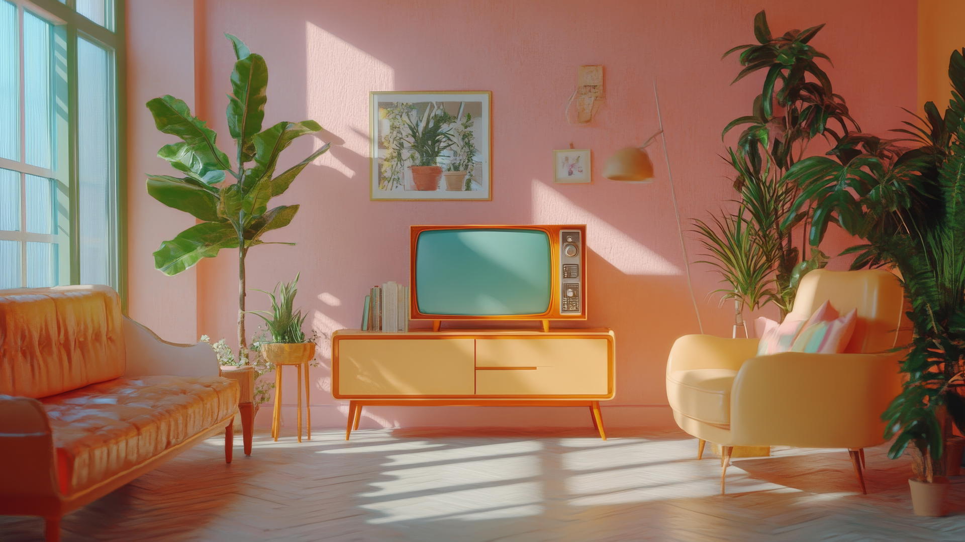 cute wallpapers aesthetic, retro living room with pastel furniture and houseplants
