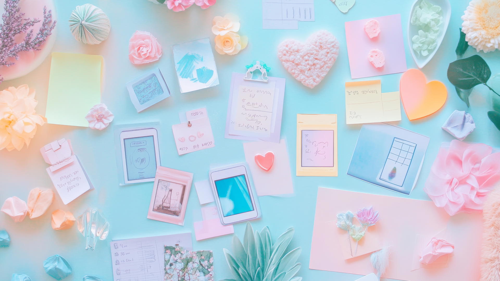 cute wallpapers aesthetic with pastel collage, polaroids, sticky notes, doodles, handwritten quotes