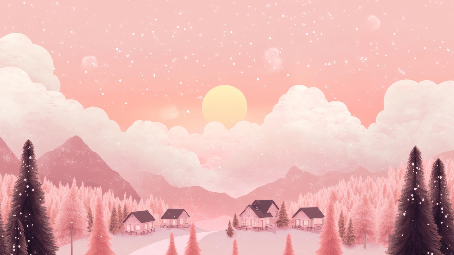 Cute wallpapers aesthetic: pastel mountain landscape with cabins, pine trees, fluffy clouds, setting sun, and sparkles