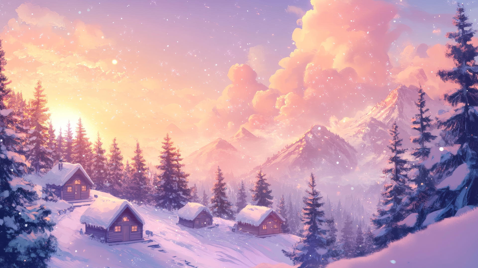 cute wallpapers aesthetic with pastel mountains, tiny cabins, pine trees, and fluffy clouds with a setting sun