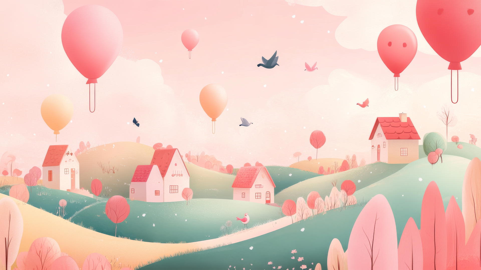cute aesthetic wallpapers featuring pastel hills, tiny houses, and pink sky