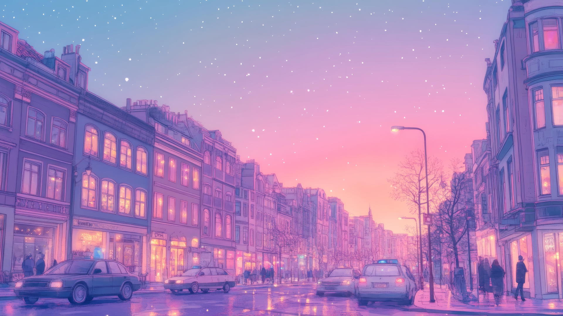Cute aesthetic wallpapers of a pastel cityscape at dusk with glowing windows and umbrellas