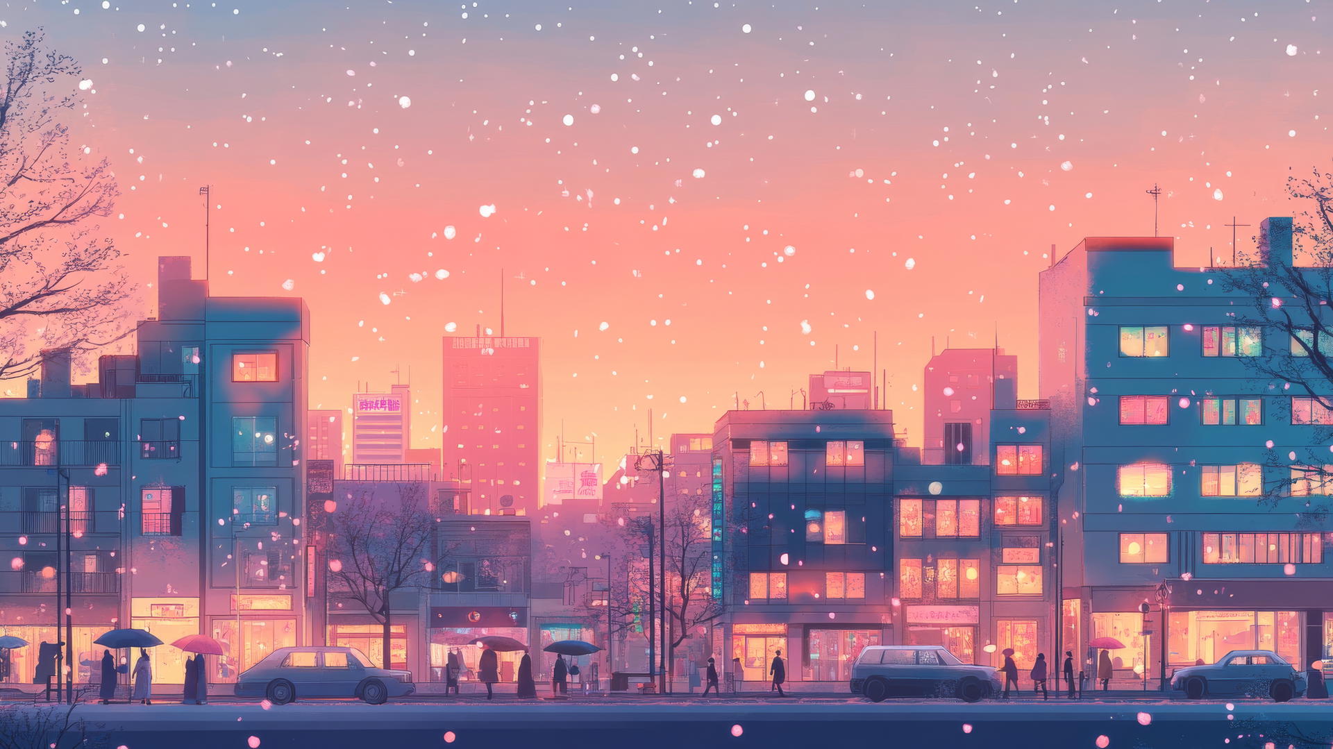 cute aesthetic wallpapers featuring a pastel cityscape at dusk with glowing windows and people with umbrellas